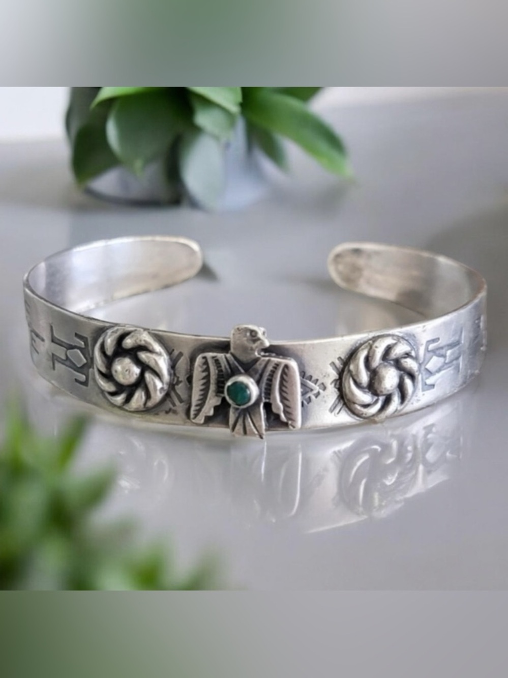 1940s Turquoise Navajo Sterling Products Coin Silver Cuff Bracelet Thunderbird